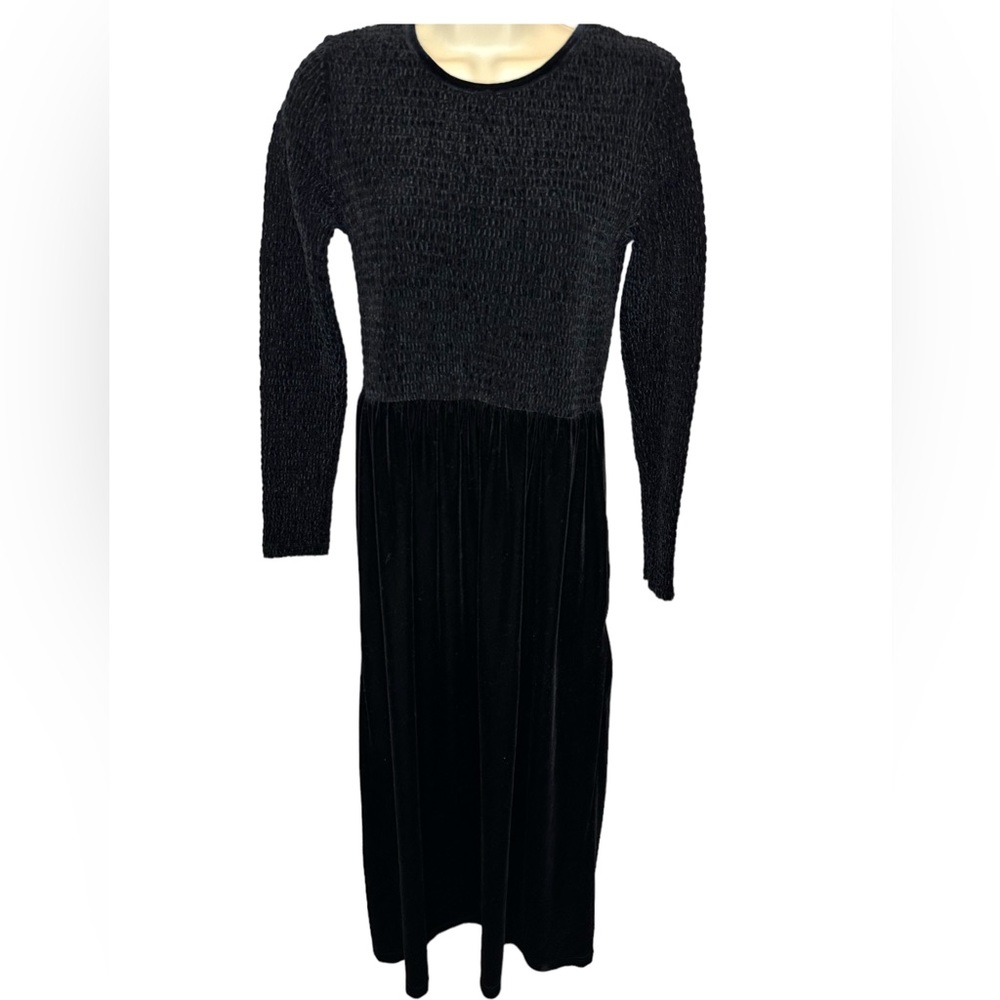 Sarah Chapman Midi Black Velvet Dress Vintage Long Sleeve w/ textured top Small